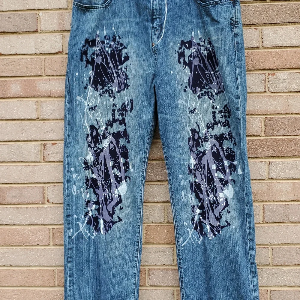 Akademiks Baggy Vintage Jeans Paint Splatter Velvet Feel 36 X 33